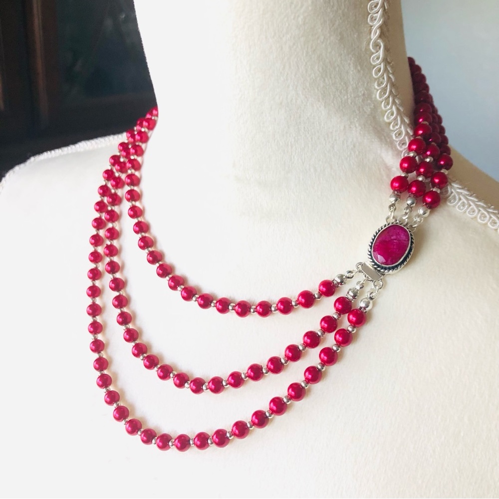 Handcrafted triple strand red Czech glass Pearl genuine ruby clasp necklace
